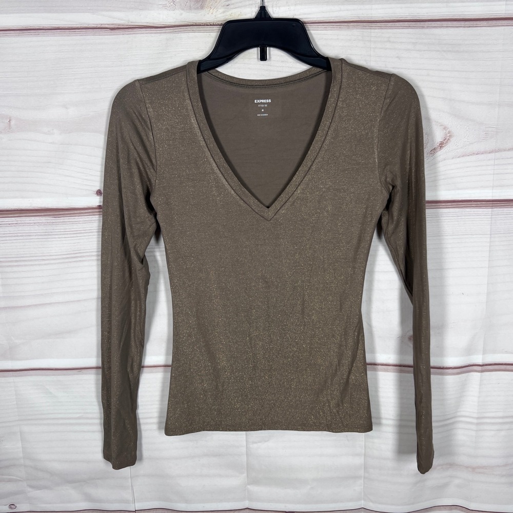 Express Fitted Tee Top Women XS Brown Metallic Shimmer V-Neck Long Sleeve Shirt